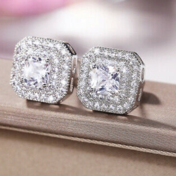 New Sterling silver Square Diamond Stud Earrings - Picture 3 of 4